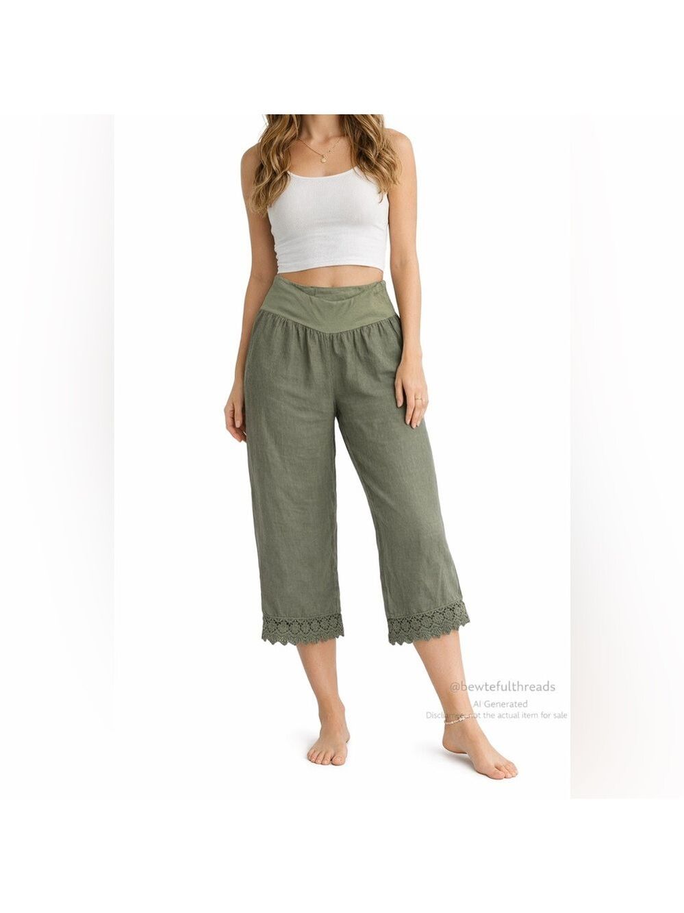 Alessia Pacini Olive Linen-Feel Cropped Pants Size S Boho Capri